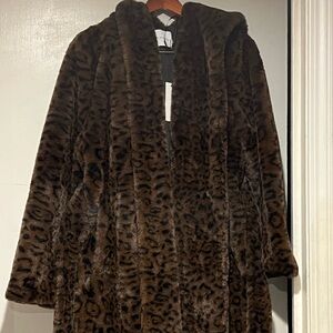 Rebecca Minkoff hooded Leopard Print Faux Fur Coat size L